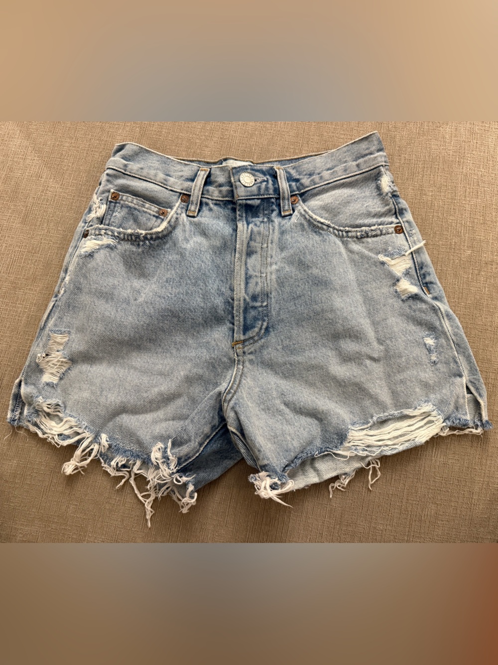 Agolde Light Blue Distressed High-Rise Denim Shorts